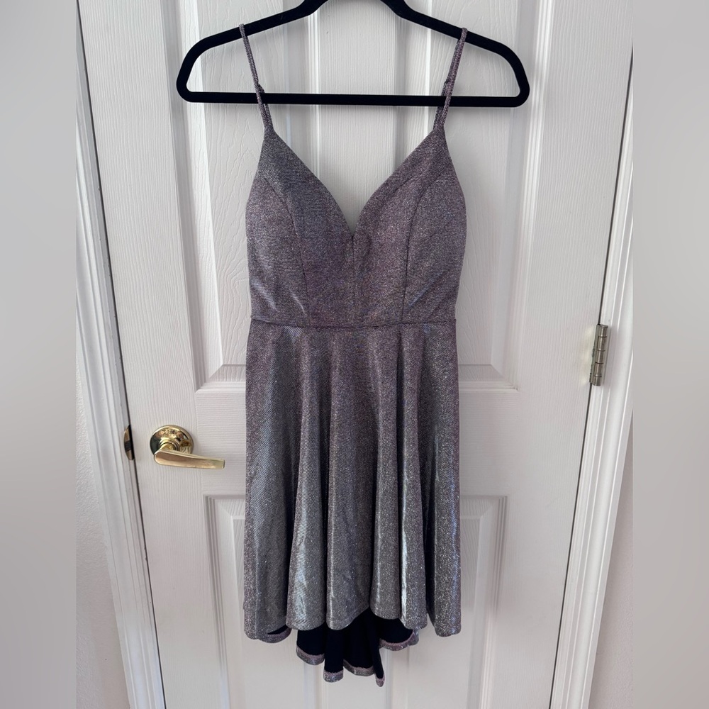 B Darlin Glittering Silver High Low Dress